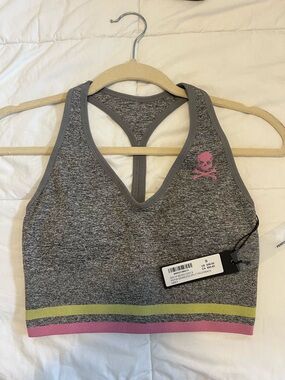 Soulcycle Gray Heather Sports Bralette with Pink Skull Accent